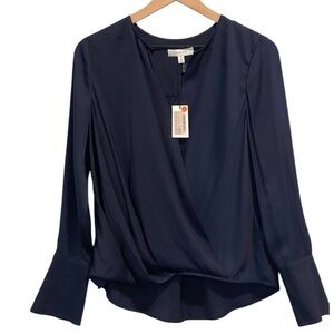 NWT Milly Elysa Silk Blend Wrap Blouse, Long Sleeve, Cuffed, Navy Blue, Size S